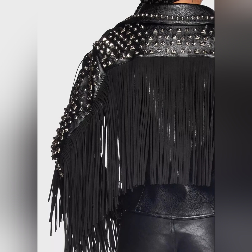 ~SOLD~ Dolls Kill Black Studded AZALEA WANG Ryder Fringe Faux Leather Jacket M - Picture 3 of 16